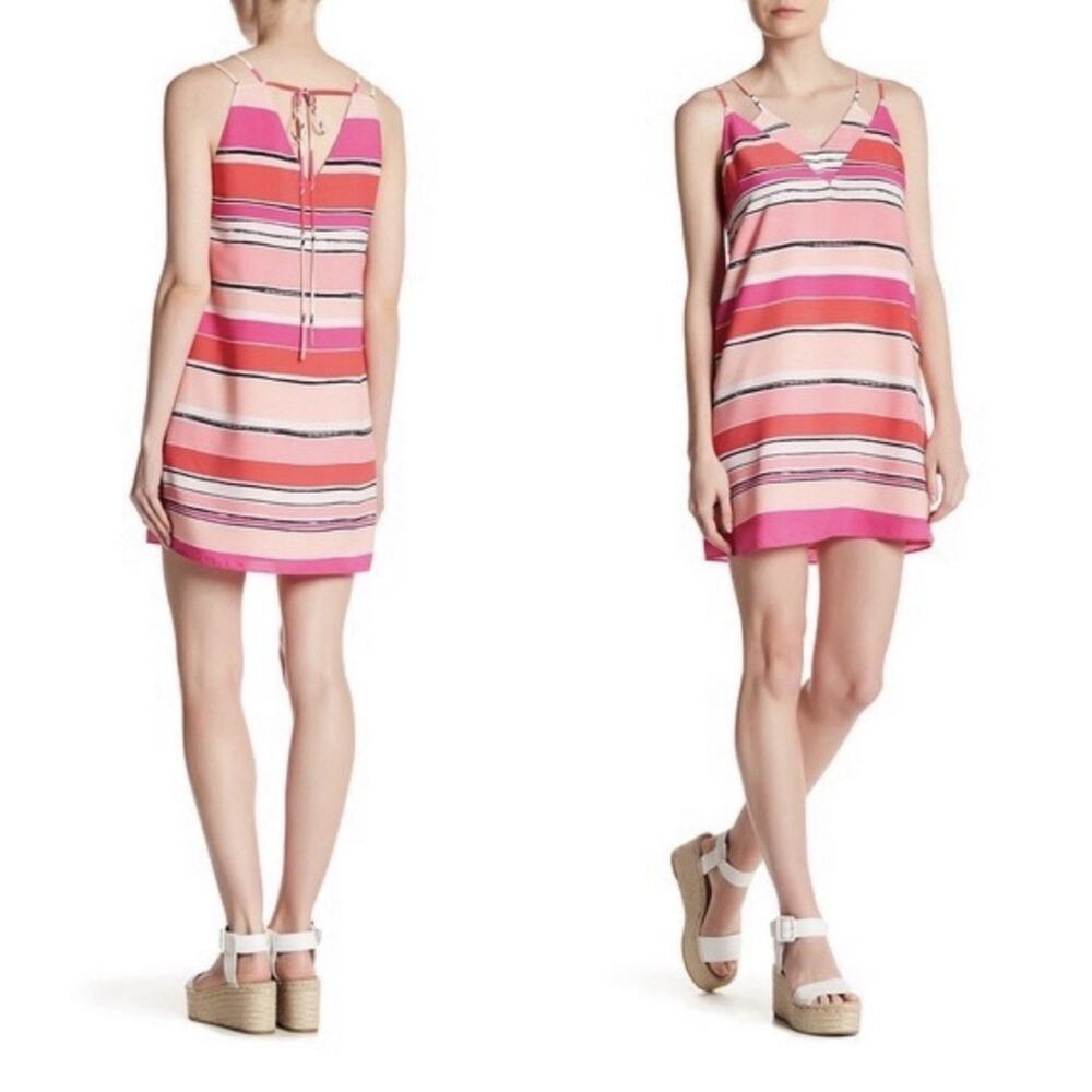 Cece Pink Striped Mini Dress 2‎ Sleeveless V Neck Tie Back Summer Resort Coastal